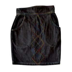 Vintage 80s Dark Denim Colorful Embroidered High Waist Pencil Mini Skirt, Small